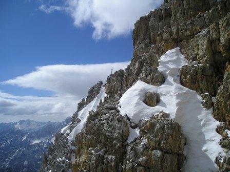 Croda Rossa d'Ampezzo, Via Grohmann, vista della vetta dalla cresta finale Croda Rossa d'Ampezzo, Via Grohmann, vista della vetta dalla cresta finale